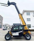 Top Quality Heavy Duty Rugged Outdoor Telescopic Forklift With Long Extendable Boom Four Wheel Drive Telehandler side view in urban setting.