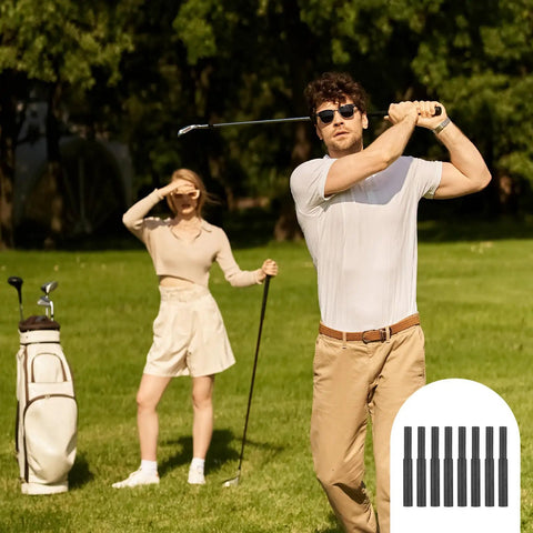 Man swinging golf club with 8 Piece Golf Club Shaft Extenders Set For Wood Putters in foreground, black carbon fiber build