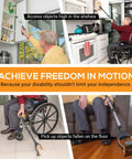 Senior using 36-inch magnetic reacher with folding design to access shelves and pick up items, demonstrating increased mobility and independence.
