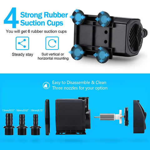 880GPH Submersible Fountain Pump With Six Point Five Foot Power Cord Ultra Quiet 60W Outdoor Water Pump For Aquarium Pond Fish Tank And Hydroponics Includes Three Nozzles For Backyard Fountains showing rubber suction cups and nozzles