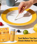 At Home Lead Test Kit With 60 Rapid Swabs And 30 Second Color Change Results in use on a yellow-edged dish for lead detection