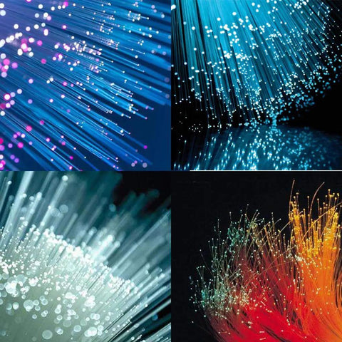 Close-up images of PMMA Plastic End Glow Fiber Optic Cable 0.75mm Diameter 328 Feet Roll in vibrant colors, ideal for lighting.