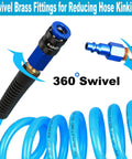 Heavy Duty Knockout Workhorse Polyurethane Air Hose One Quarter Inch By Ten Feet Compressor Tubing With Quick Connect Coupler Ball Swivel Lightweight Flex No Fuss Install Garage Ready Blue with brass swivel fittings.