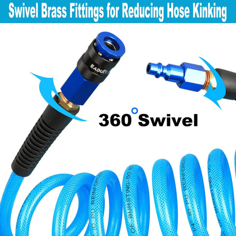 Heavy Duty Knockout Workhorse Polyurethane Air Hose One Quarter Inch By Ten Feet Compressor Tubing With Quick Connect Coupler Ball Swivel Lightweight Flex No Fuss Install Garage Ready Blue with brass swivel fittings.