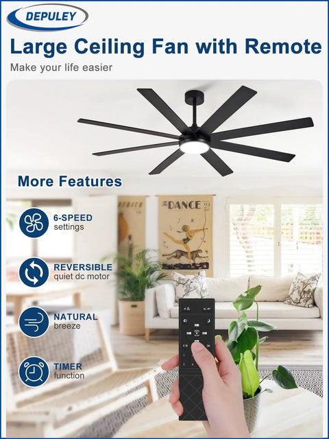 66 Inch Black Ceiling Fan With Lights For Indoor Outdoor Spaces Slick Remote And App Control Dimmable Lighting 8 Blades