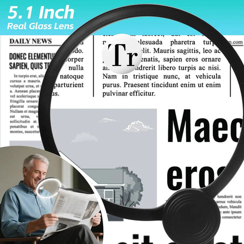 10X Floor Magnifying Glass With Light And Stand, 5.1 Inch Real Glass Lens magnifying text, elderly man reading newspaper
