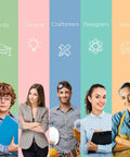 Illustration featuring five career paths: Kids with family icon, Creator with lightbulb, Craftsmen with wrench, Designers with atom, Artists with palette.
