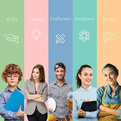Illustration featuring five career paths: Kids with family icon, Creator with lightbulb, Craftsmen with wrench, Designers with atom, Artists with palette.