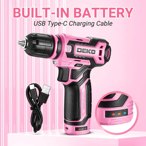 12V Cordless Drill Kit With Pink Design And LED Light 800 RPM Power Drill Set with USB Type-C charging cable and controls