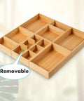 Bamboo Drawer Organizer Set Of 9 For Kitchen And Office shown in a grid layout with various removable compartments.