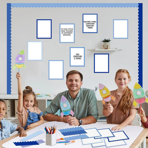 Children with teacher using 90 Piece Science Fair Board Supplies Set with 72 blue scalloped borders and 18 sticker sheets in classroom