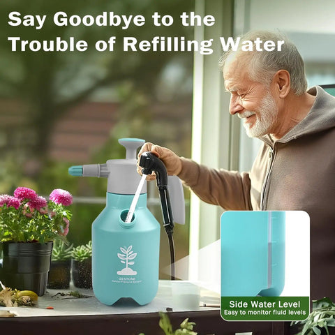 Elderly man using Handheld Garden Pump Sprayer 1/2 Gallon With Safety Valve Adjustable Nozzle 360 Degree Sprayer Rod 68 Oz Capacity.