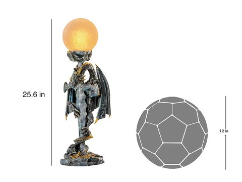 Gothic Dragon Sword Statue Table Lamp With Glowing Orb, 25.6-inch tall medieval mythic guardian resin decor next to size comparison chart.