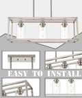 Rectangle Chandelier With 3 Lights In Brushed Nickel Finish, Modern Ceiling Light Fixtures for Dining Room, Clear Glass Shade