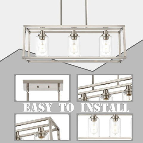 Rectangle Chandelier With 3 Lights In Brushed Nickel Finish, Modern Ceiling Light Fixtures for Dining Room, Clear Glass Shade