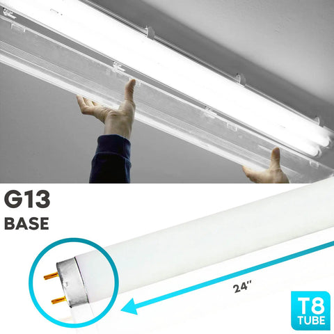 Four Pack 17W 24 Inch T8 Fluorescent Bulbs 4100K Cool White 1350 Lumens G13 Medium Bi Pin Base Long Lasting 13000 Hour Life Energy Saving Replacement For Incandescent Lamps