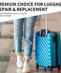 Person walking with blue suitcase featuring luggage wheels, Beefed Up Luggage Wheel Replacement Kit With Precision Ball Bearings