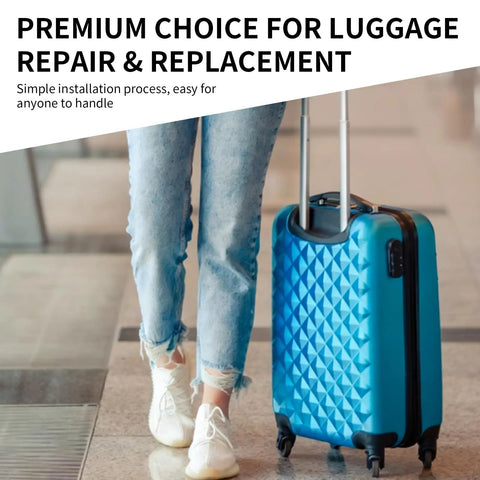 Person walking with blue suitcase featuring luggage wheels, Beefed Up Luggage Wheel Replacement Kit With Precision Ball Bearings