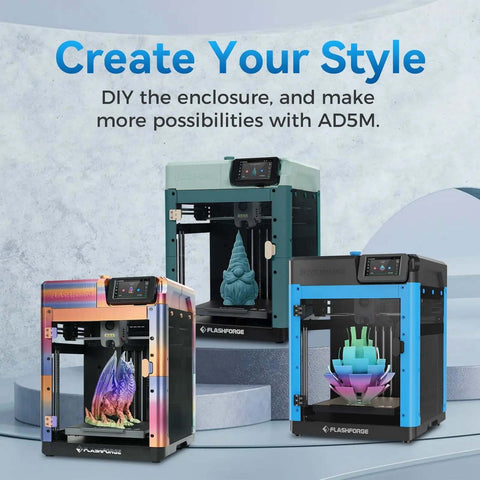 Three Beginner Friendly Adventurer 5M 3D Printers with Auto Leveling and Direct Drive, showcasing various 3D printed models.