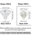 Comparison of MR11 and MR16 spotlight bulbs showing dimensions and base types, including GU4 base for 2 pin MR11 halogen spotlight bulbs.