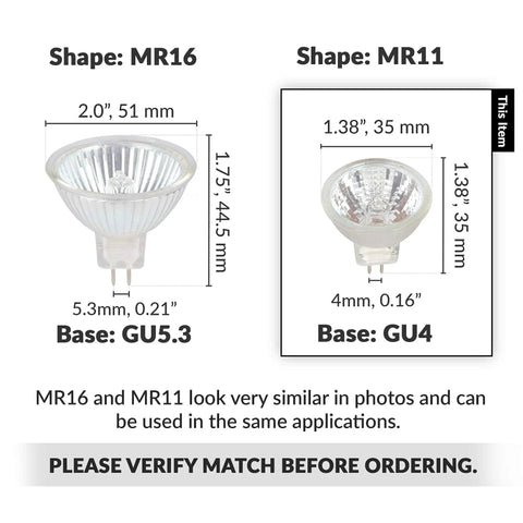Comparison of MR11 and MR16 spotlight bulbs showing dimensions and base types, including GU4 base for 2 pin MR11 halogen spotlight bulbs.