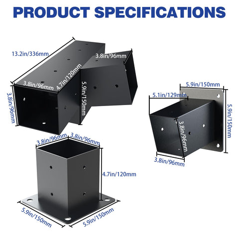 Product specifications of Beefed Up Heavy Duty 4 Way Slanted Roof Pergola Bracket Set 15 Degree Wall Mount Kit