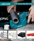 Libraton 2-1/2-inch heavy-duty pipe cutter, teal front view cutting gray PVC/CPVC pipe