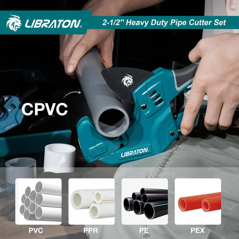 Libraton 2-1/2-inch heavy-duty pipe cutter, teal front view cutting gray PVC/CPVC pipe