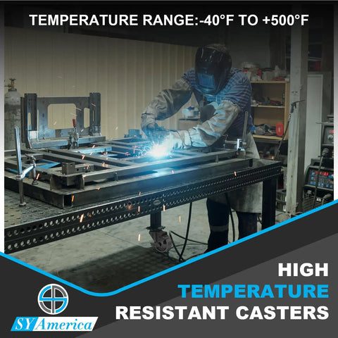 4 Inch Heavy Duty Casters Set Of 4 With Swivel Brake Wheels on industrial welding table, showcasing high temperature resistance.