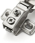 Close-up of Brushed Nickel Short Arm Cabinet Hinges For Kitchen Cupboards With Half Inch Overlay Heavy Duty Build for secure mount.