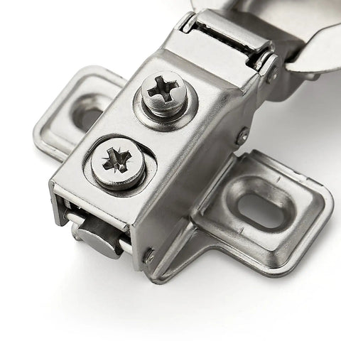 Close-up of Brushed Nickel Short Arm Cabinet Hinges For Kitchen Cupboards With Half Inch Overlay Heavy Duty Build for secure mount.