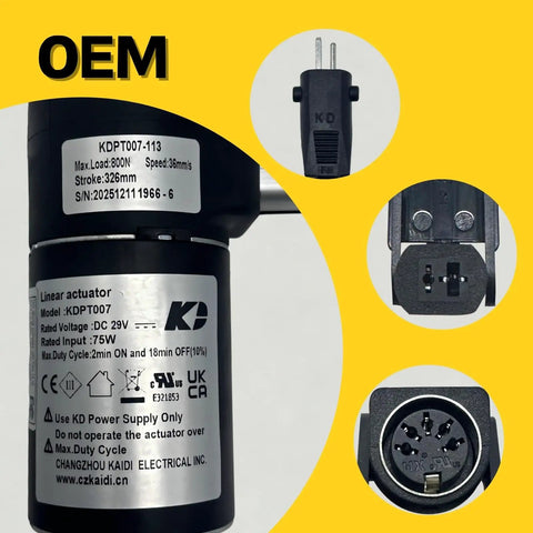 Kaidi KDPT007 Linear Actuator Motor For Power Recliner Lift Chair showing model and connection details against a yellow background.