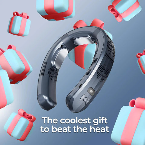 Portable Neck Air Conditioner Fan 2026 Upgrade with Three Cooling Plates and Long Battery Life against gift box backdrop