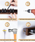 Installation steps for Wall Mount Broom And Mop Holder With Five Slots And Four Hooks Easy Install Space Saving Rustic Wood Tool Organizer Rack