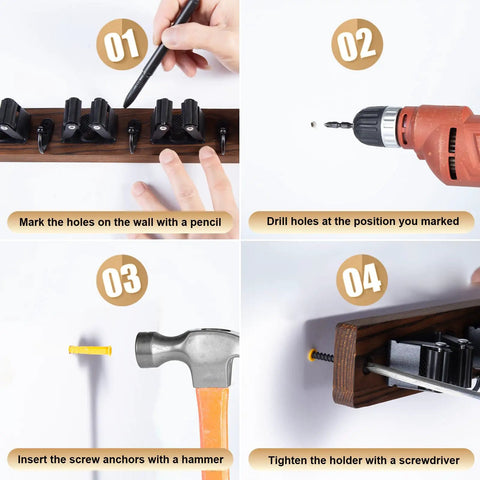 Installation steps for Wall Mount Broom And Mop Holder With Five Slots And Four Hooks Easy Install Space Saving Rustic Wood Tool Organizer Rack
