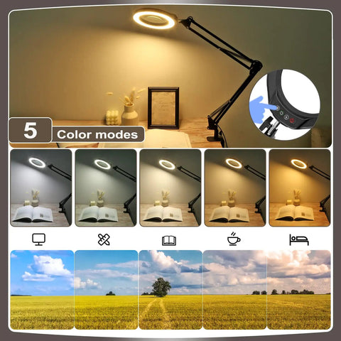 12X 5 Inch Real Glass Magnifying Glass With LED Light And Stand showing five color modes on desk with book and decor