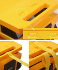 PUQU monster truck design kids' travel suitcase, yellow, with wheels and yellow carrying strap (front and side views).