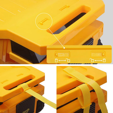 PUQU monster truck design kids' travel suitcase, yellow, with wheels and yellow carrying strap (front and side views).