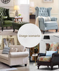 Various stylish armchairs and a sofa in a living room setting, showcasing different upholstery designs and colors.