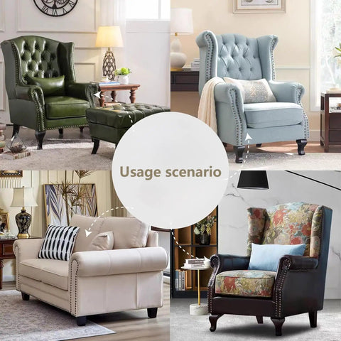 Various stylish armchairs and a sofa in a living room setting, showcasing different upholstery designs and colors.