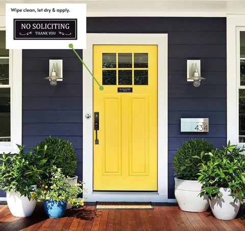 Front door with Indoor Outdoor No Soliciting Sign Decal Sticker For Home And Office Removable Waterproof Self Adhesive Door Sign
