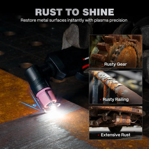 App Controlled 60Amp Plasma Cutter removes rust on metal surfaces with pilot arc for 120 240V, enhancing performance.