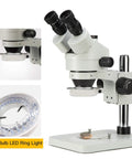 Trinocular Stereo Zoom Microscope With 56 Bulb LED Ring Light 3.5X To 90X Magnification WF10X Eyepieces 0.7X To 4.5X Zoom Objective 0.5X And 2.0X Additional Objectives Table Pillar Stand Pro Grade Lab Gear For Researchers And Gemologists, side view