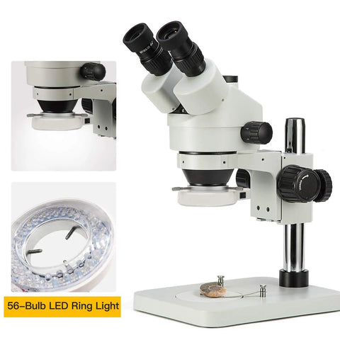 Trinocular Stereo Zoom Microscope With 56 Bulb LED Ring Light 3.5X To 90X Magnification WF10X Eyepieces 0.7X To 4.5X Zoom Objective 0.5X And 2.0X Additional Objectives Table Pillar Stand Pro Grade Lab Gear For Researchers And Gemologists, side view