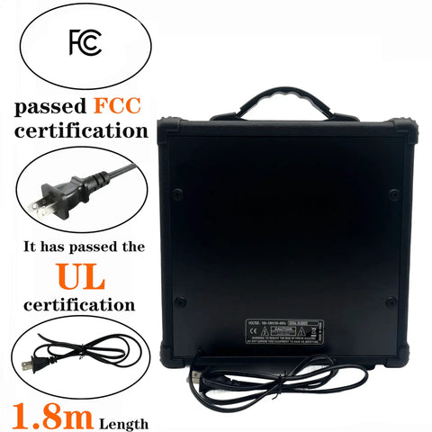 Back view of 20W Electric Guitar Practice Amp With EQ Controls, Portable Orange Black Finish, power cord, FCC UL certified