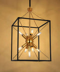 9-Light Industrial Lantern Chandelier With Adjustable Height Dope Black And Brass Finish, metal pendant light