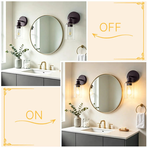 MATAMEYE Battery Operated Wall Sconce Set of 2, Rechargeable Wall Lights on mirror, with ON/OFF display in modern bathroom.