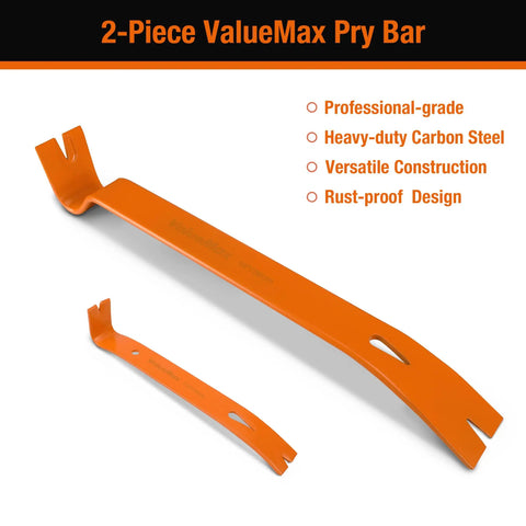 Two Piece Flat Pry Bar Set With Seven And A Half Inch Mini Pry Bar And Fifteen Inch Heavy Duty Nail Puller Claw Bar For DIY Kitchen Remodels Carbon Steel Corrosion Resistant Wonder Bar Prying Apart Boards. Orange coating on value design.