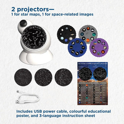 Turn Your Bedroom Into A Full On Planetarium With This 6 Inch Dual Mode Projector That Rotates Northern And Southern Star Maps And Displays James Webb Space Telescope Images For A Fun Yet Practical STEM Learning Tool. White 6-inch dual-mode planetarium projector with star discs, USB cable, and poster