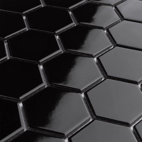 Dope Glossy Black Porcelain Hex Mosaic Tile For Floors And Walls, Mesh-Mounted 2 Inch Pieces, close-up high sheen finish